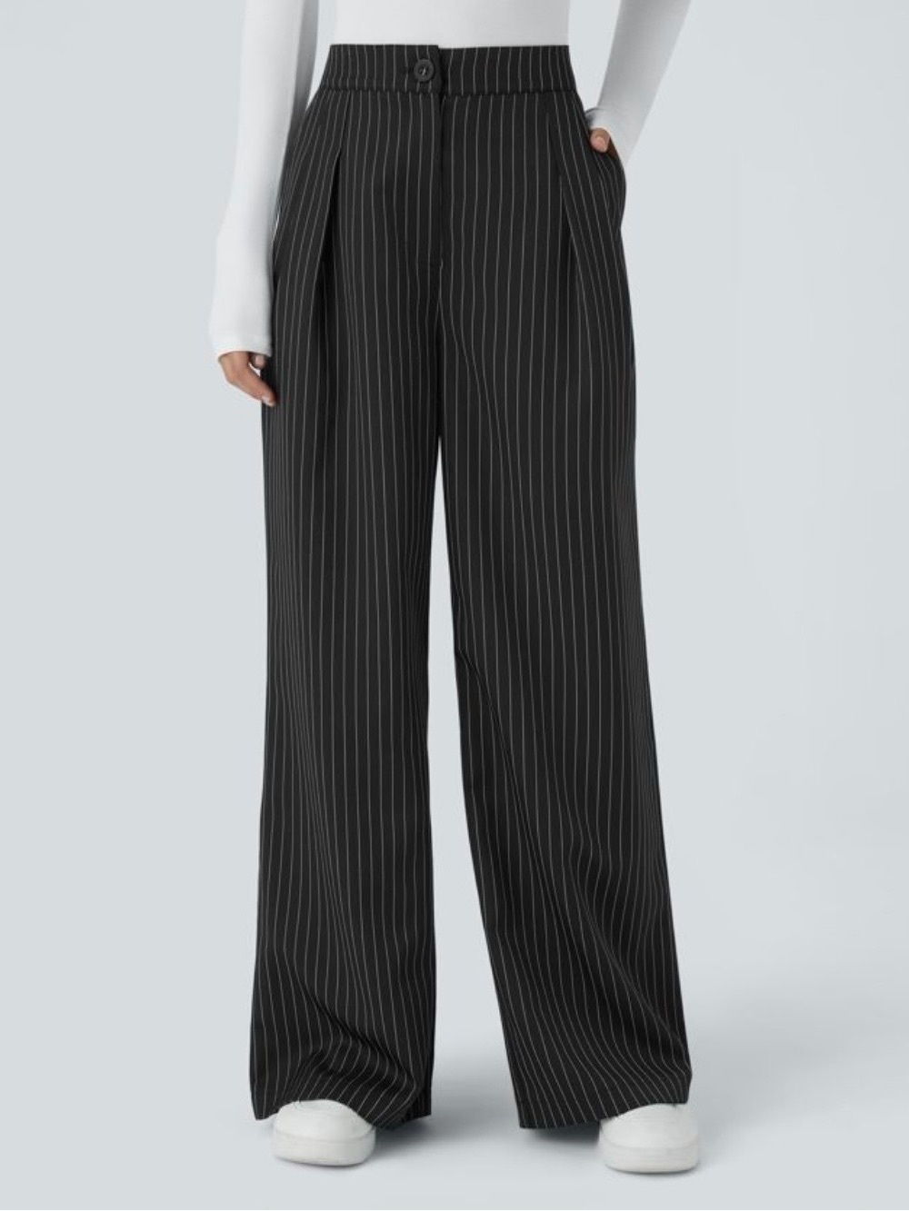 HALARA Black Pinstripe Wide-Leg Trousers